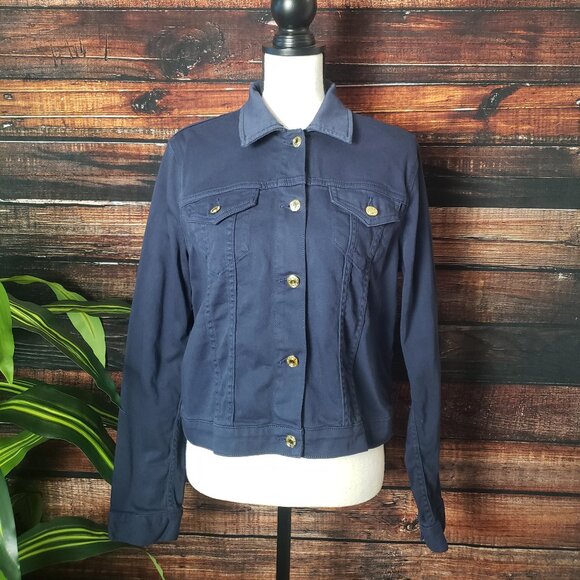 NWT Michael Kors Jacket L Navy Blue Cropped Cotton Stretch Gold Buttons